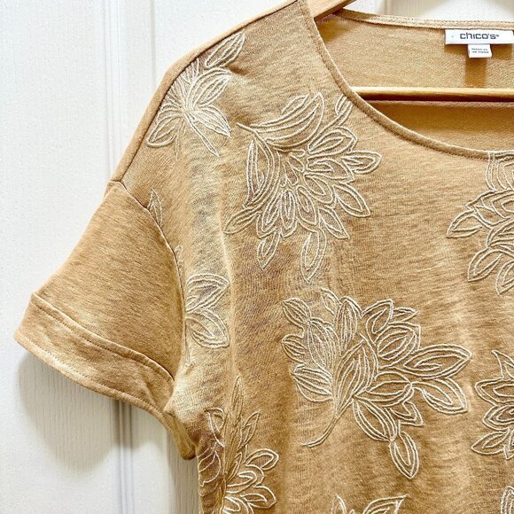Chicos Women's 100% Linen Embroidered Knit Top Size 0 (Small) Tan Floral Boho - Picture 2 of 13